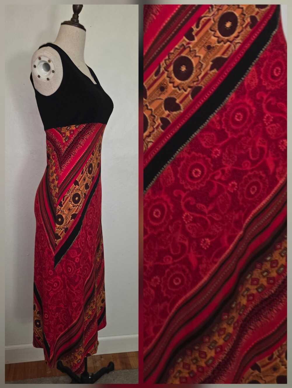 Vintage 1980s 1990s Sleeveless Black & Red Floral Print Dress Jessica Howard